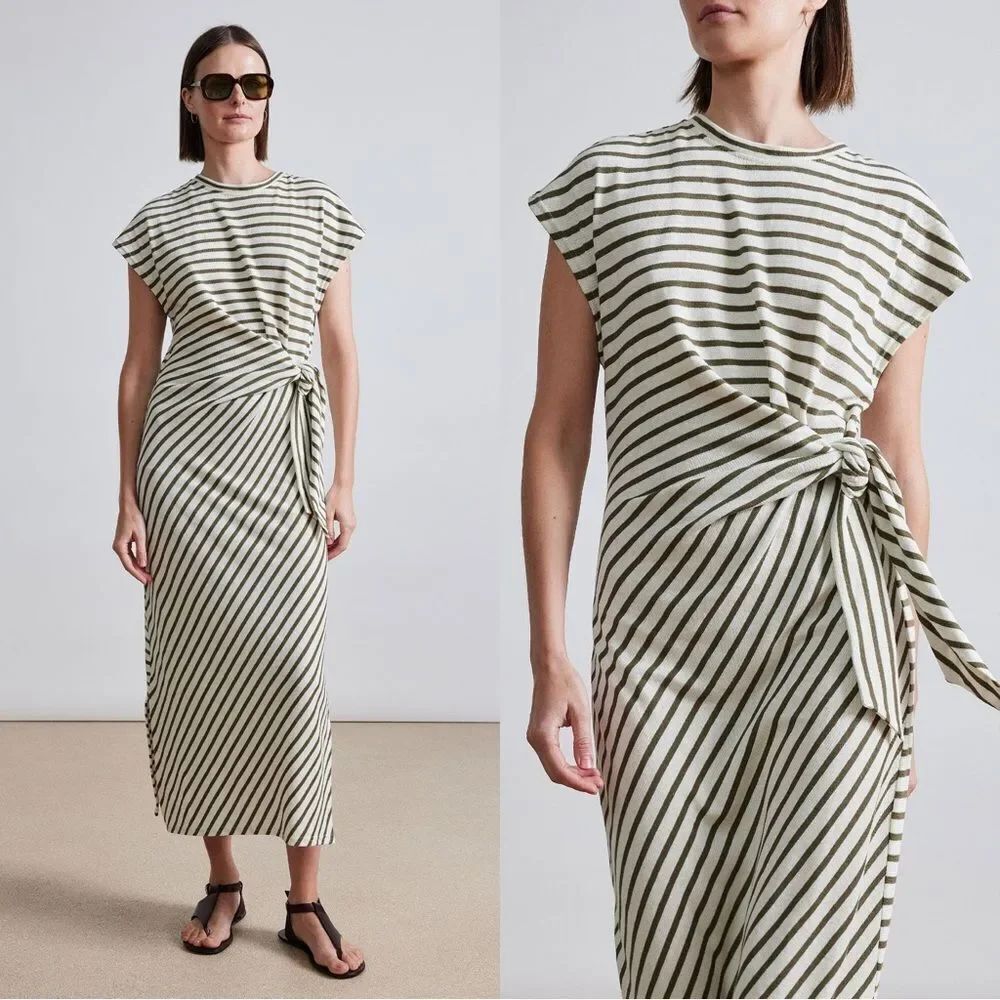 Apiece Apart Vanina cinched waist organic cotton dress in navy/cream stripe